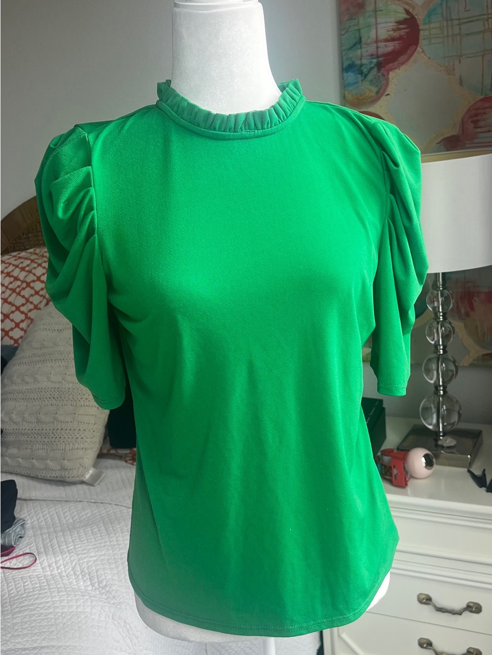 CeCe Bright Green Ruffle Neck Puff Sleeve Top